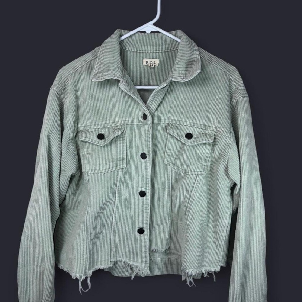 Trendy Sage Green Corduroy Shacket Jacket Raw Hem